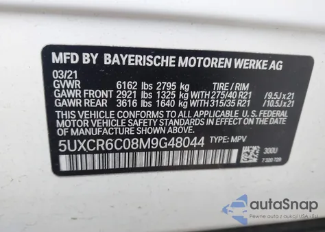 2021 BMW X5 xDrive40I z USA, uszkodzony, nr VIN 5UXCR6C08M9G48044